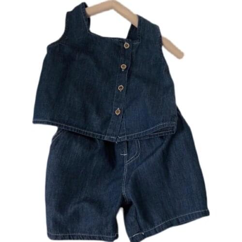 2021 Baby Summer Clothing Girl Two Piece Set Kid Crop Tops Shirt Ripped Denim Shorts
