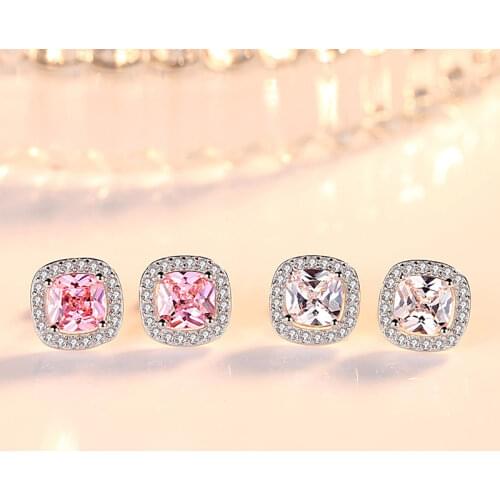 Classic Wedding Stud Earrings For Women Dazzling Micro Crystal Paved Pink Square Zirconia Romantic Tiny Earring Piercing Jewelry