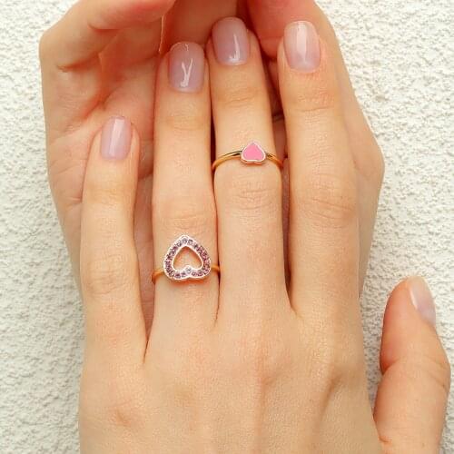 2 Pcs/set Enamel Love Heart Crystal Rings For Women Girls Cute Gold Metal Rhinestone Luxury Charm Ring Wedding Jewelry Gifts