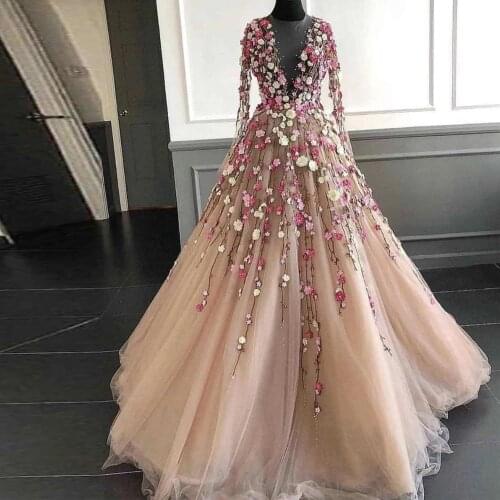Pretty Champagne Evening Dresses With Illusion Full Sleeves Colorful 3D Flower Ball Tulle Gowns Formal