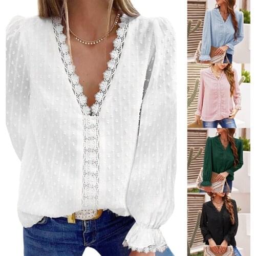 Hot Kf-Womens V Neck Long Sleeve Lace Crochet Tunic Tops Flowy Casual Blouses Shirts