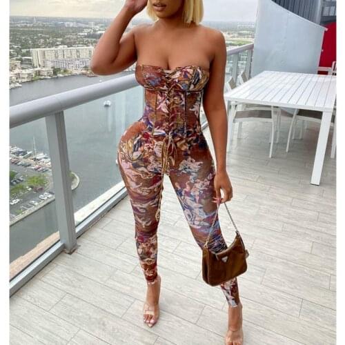 Fashion Print Off Shoulder Women Jumpsuits Sexy Lace Up Workout Active Wear Fashion Overalls One Piece Bodycon Rompers Clubwear