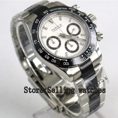 Parnis 39mm White Dial ceramic Bezel Chronograph Sapphire Glass Quartz movement mens Watch