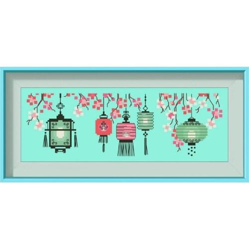 Plum and palace lantern cross stitch kits Dreampattern embroidery needlework sets 18ct 14ct 11ct bright green cloth DIY handmade
