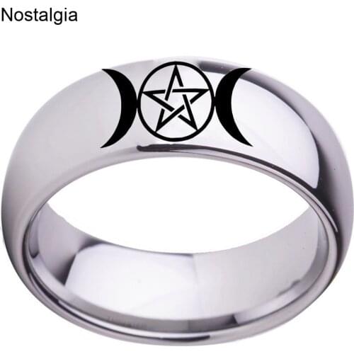Nostalgia Triple Moon Goddess Stainless Steel Wicca Crescent Moon Ring Pentagram Pagan Jwelry For Women Men