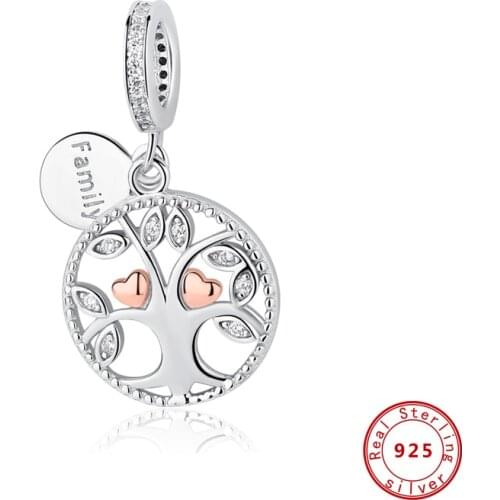 New Original 925 Sterling Silver Beads Family Tree Dangle Charm Rose Color Fit Pandora Bracelets Women DIY Jewelry Dropship