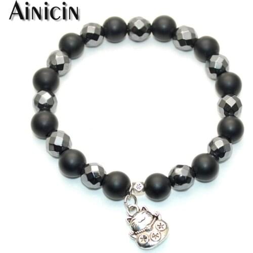 Lovely Fortune Cat Charms Black Onyx & Faceted Hematite Stretch Bracelets 7.5'' Fashion Women Jewelry Mens Birthday Gift