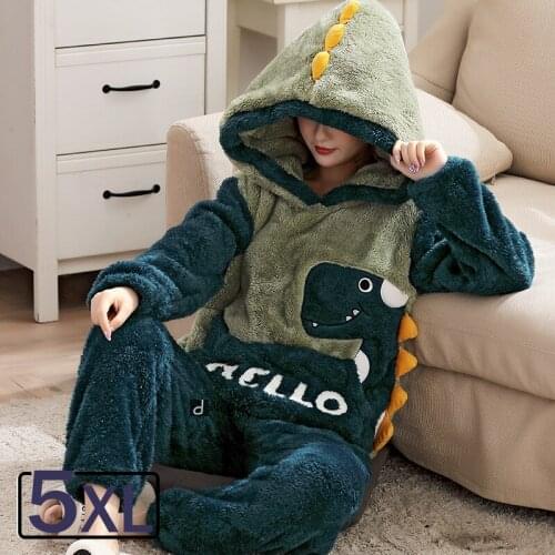 5XL Autumn Winter Thick Warm Pajamas Flannel Women Sleepwear Sets Thick Coral Velvet Long Sleeve Plus Size Cartoon Thin Pyjamas