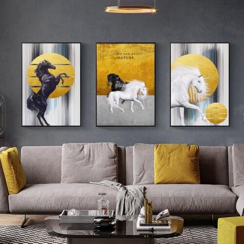 Balck And White Horse Canvas Printings Wall Art Posters Animal Nordic Gold Back Canvas Printings Modern Painting Room Decor