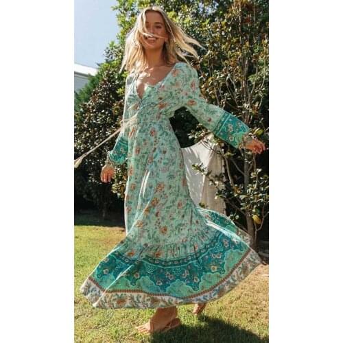 Blus floral Maxi dress bohemian floral print V-neck button down lace trim hippie chic women clothing
