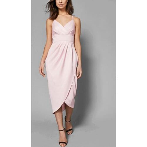 Dusty Pink Crepe Slip Tulip Midi Dress Backless Cami Asymmetric Hem Dress Sexy Twist Drape Shift Dress Ruched Occasion Dress