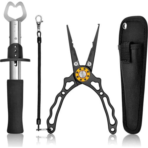 Fishing Pliers and Fish Lip Gripper, Stainless Steel Multi-Function Fishing Pliers Hook Remover with Coiled Lanyard and Sheath