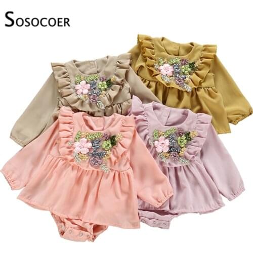 SOSOCOER Baby Girl Romper New Fashion Ruffles Solid Color Newborn Dress Rompers Embroidery Floral Jumpsuits Infant Clothes