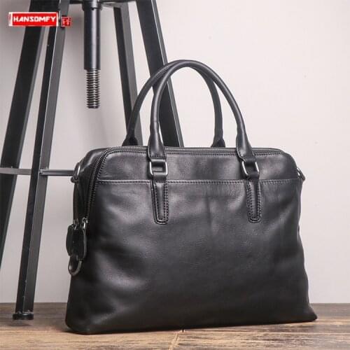 New Mens Handbag Portable Briefcase Shoulder Messenger Bag Business Laptop First Layer Leather Bags Vegetable Tanned Leather