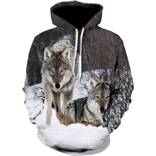 Spring and Autumn Mens Snow Wolf Hoodie Fashion Hooded 3D Wolf Head Animal Sweater Mens Sportswear