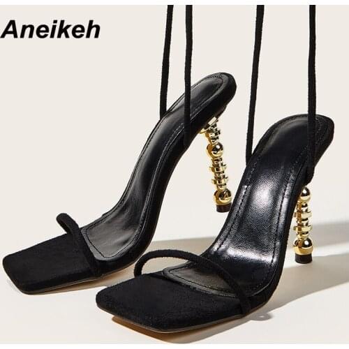 Aneikeh Flock Shallow Shoes For Women 2021 Summer Fashion Ankle Thin Strange Style High Heel Ankle Strap Ladies Party Sandals
