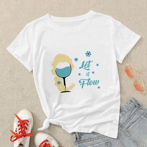 Ukraine Young Lady T Shirt Disney Elsa Wine Glass Design Tee Fashion Women Street Wear Summer Casual O-Neck Tops Free Shipping