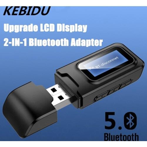 KEBIDU USB Bluetooth Dongle Adapter 5.0 Receiver Transmitter LCD Display Audio 3.5mm AUX Jack Stereo Adapter for Car PC TV
