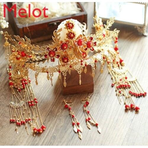 Bridal Court Vintage Golden Tassel Phoenix Crown Wedding Xiuhe Clothing Phoenix Crown Ancient Costume Accessories Cheongsam
