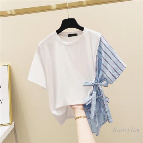 Womens Short Sleeve T-shirt Women 2021 Summer Korean Style Loose Lace-up Striped Stitching Girls Ladies Tops Tees