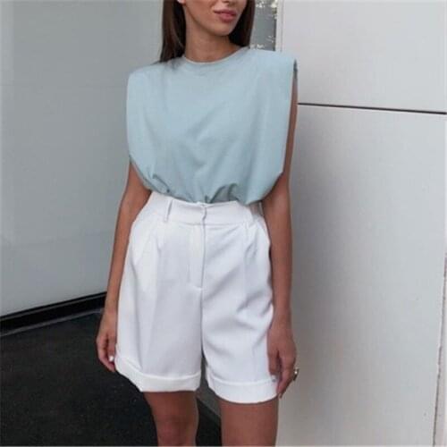 Summer 2021 Wide Leg Loose Bermuda Shorts for Women High Waist Pink Black Cotton Shorts Free Belt Suit Pants OL Bermuda Femme