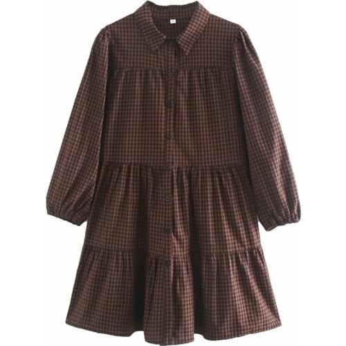 Evfer Women Autumn Sprint Vintage Plaid Cotton Mini Dresses Female Elegant High Waist Long Puff Sleeve Pleated Shirt Short Dress