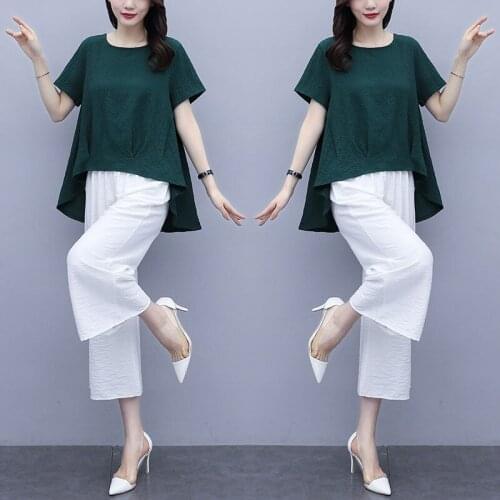 4XL New summer 2 Piece Set Women Plus Size Tracksuit short sleeve Tops And Wide Leg Pants Suit Womens Sets 2020