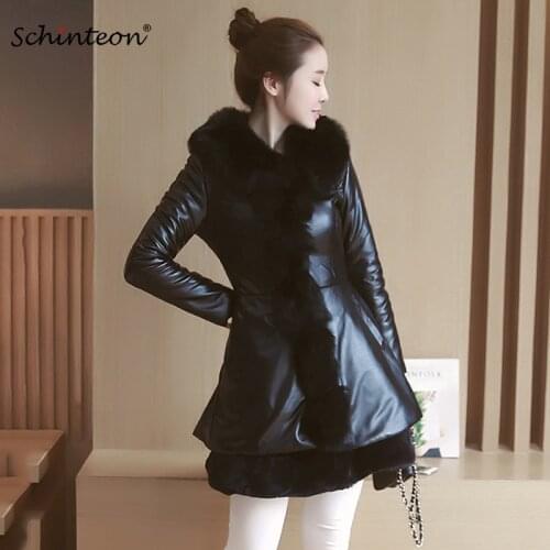 Women Winter Coat Faux Imitation Sheep Leather Fox Fur Rex Rabbit Fur Long Outwear PU Leather Garment Clothing Warm Slim