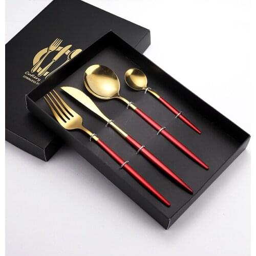Golden colorful bright Portuguese tableware four-piece gift set stainless steel cutlery set tableware gift box business Solid