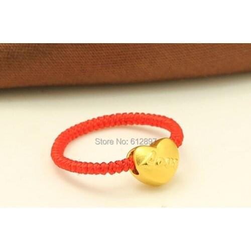 Full Handmade Soild 24K Yellow Gold Ring / Red Knitted "Love" Heart Ring / 1.35g