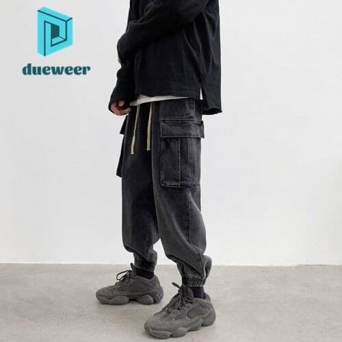 DUEWEER Mens Cargo Jeans Spring Autumn Baggy Plus Size Trousers Casual Men Black Ankle Tie Jeans Wide Leg Harem Denim Pants
