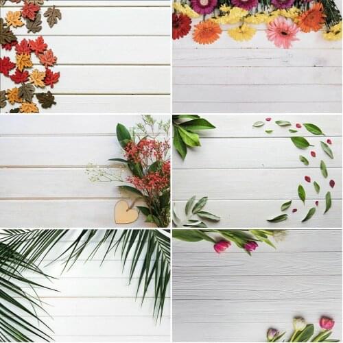 Wooden Board Backdrop Leaves and Flower On White Planks Photography Background Baby Shower Celebration Photo Booth Studio Decor