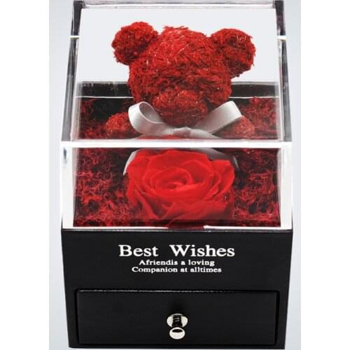 Preserved Rose Teddy Bear Jewelry Box Holder Immortal Flowers For Wedding Party Valentines Day Birthday Christmas Gift
