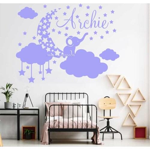 Moon and Star and Cute Elephant Custom Name Wall Decal For Baby Nursery Room Wall Decor DIY Self-sticking Stars Murals LC1682