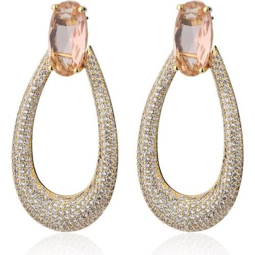 Fashion Luxury 3A Cubic Zirconia Pave big Ellipse Stud Earrings for Women crystal Glass stone Gold color large Earrings Jewelry