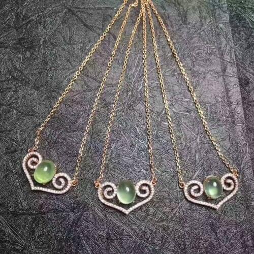 Natural green prehnite necklace natural gemstone pendant necklace S925 silver Elegant Lovely Heart Clouds girl gift jewelery