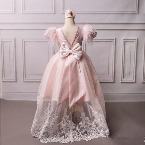 New Baby Girl Birthday Dress With Beading Feathers Cap Sleeves V Back Girls Pageant Gowns Kids Birthday Dress Custom Made