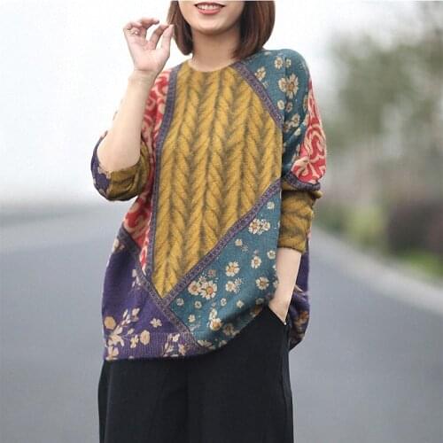 Autumn New Style Women Printed Floral Pullovers Irreuglar Tops Pull Femme Casual Full Sleeve Vintage Sweater Sueter Mujer 2020