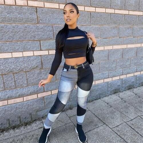 Autumn Trend Contrast High Waist Jeans For Women Skinny Spliced Pencil Pants Women Patchwork Plus Size Jeans Denim Trousers