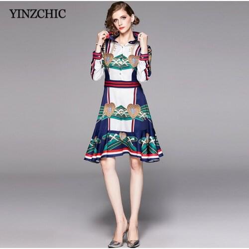 Vintage Printed Woman Mid Dress Turn-down Collar Elegant Party Dress for Woman Full Sleeve Autumn Print A-line Dress Woman