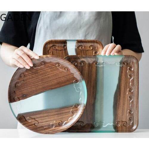 Black Walnut Resin Tea Tray Rectangular Tray Household Tray Solid Wood Coffee Table Decoration Accessories Tea Set Supplies