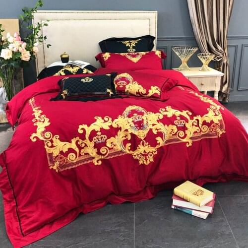 Luxury Embroidered 100S Egyptian cotton Wedding Bedding sets Queen King Royal Duvet cover Bed sheet set Pillowcase red 4/6pcs