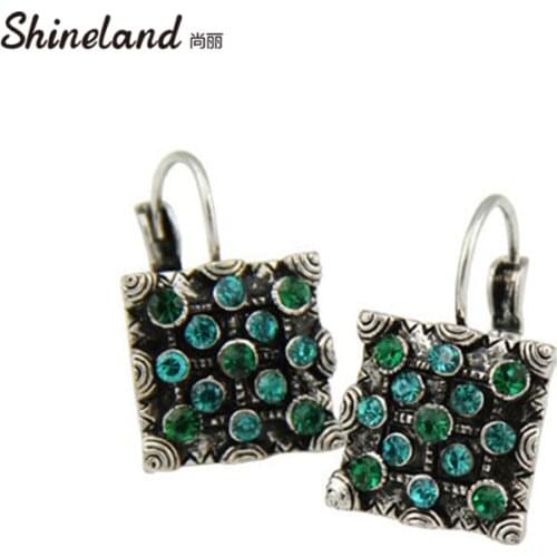 Shineland Green Rhinestone Clip Earrings 2020 New Fashion Vintage Women trendy Crystal Statement Clip Earrings