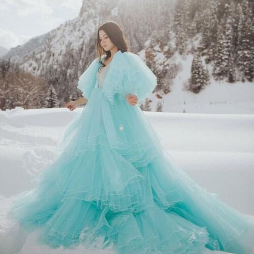 Blue Puffy Maternity Dresses for Photo Shoot Props Tiered Skirts Maternity Photography Gown Costume Prom Dress Bridal Bathrobe