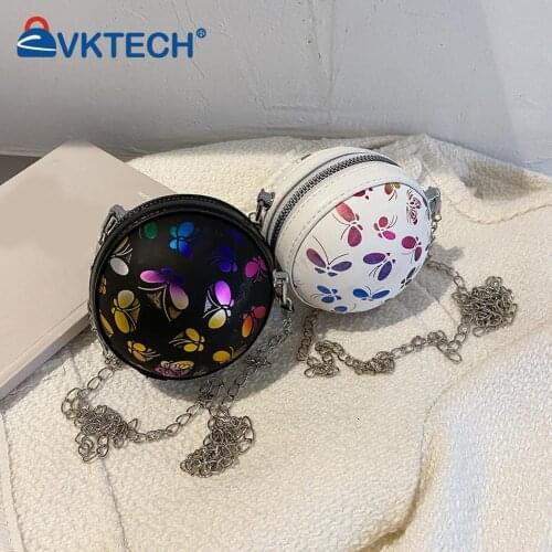 Fashion Women Spherical Shape Butterfly Printing PU Leather Shoulder Messenger Bag Casual Ladies Chain Mini Handbags Purse