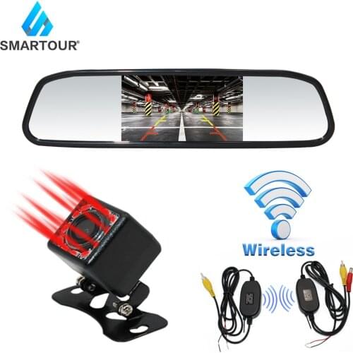 Smartour 4.3 Inch Car Reversing Camera Back Up Car Rearview Mirror Monitor HD Car Rear View Camera Parking Transmitter Wireless