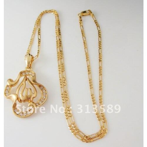 YELLOW GOLD FILL BRASS 24" FIGARO CHAIN NECKLACE&MUSLIM ALLAH GOD PENDANT CZ/Great Gift/Great Money Maker