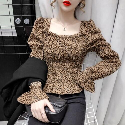 Women Elegant Leopard Print Blouse Square Collar Shirt Puff Flare Long Sleeve Pullover Tops Office Lady Pleated Stitching Blusa