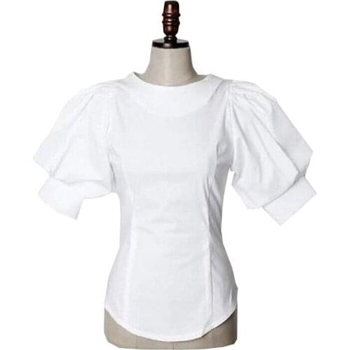 Sherhure 2020 New Puff Short Lantern Sleeve White Chic Tops For Back Button Slim Blouse Women Cotton Shirt