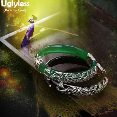 Uglyless 100% Real Solid 925 Sterling Silver Peacock Bangles for Women Black Agate Bangles Jade Bracelets Phoenix Fine Jewelry